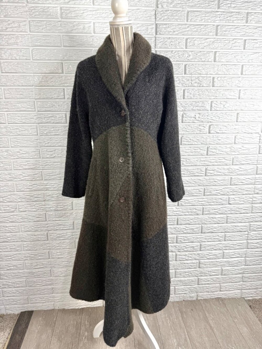 Vtg Utex Design Long Multi-Panel Wool Coat Asymmetrical Hem Grey Olive Sz Medium